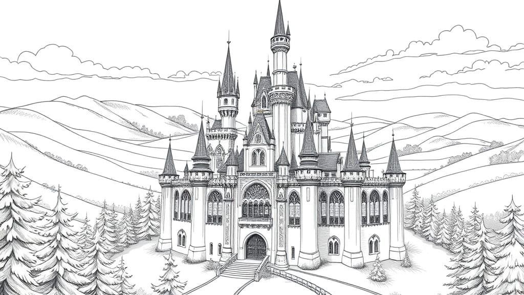 pen drawing for laser cutting, a Walt Disney like castle