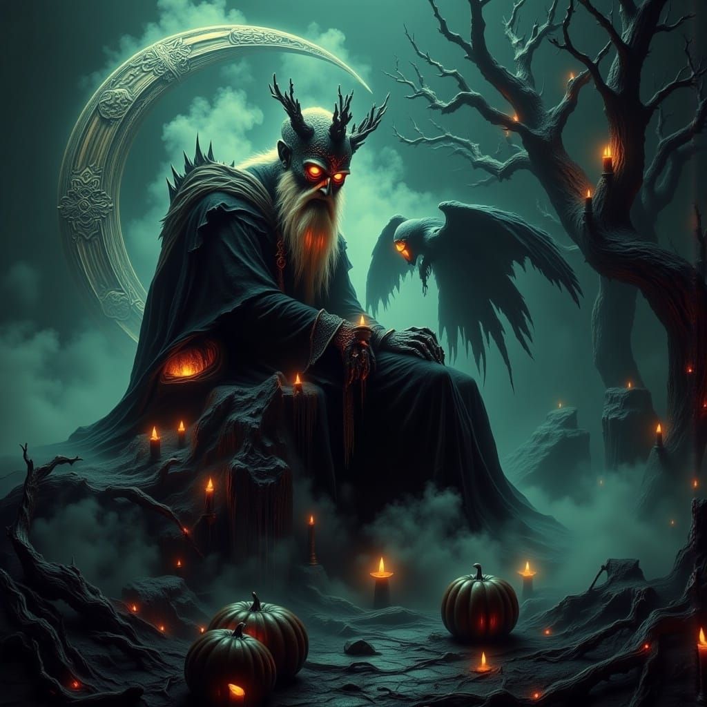 Creepy Santa on Moon with Halloween Decor