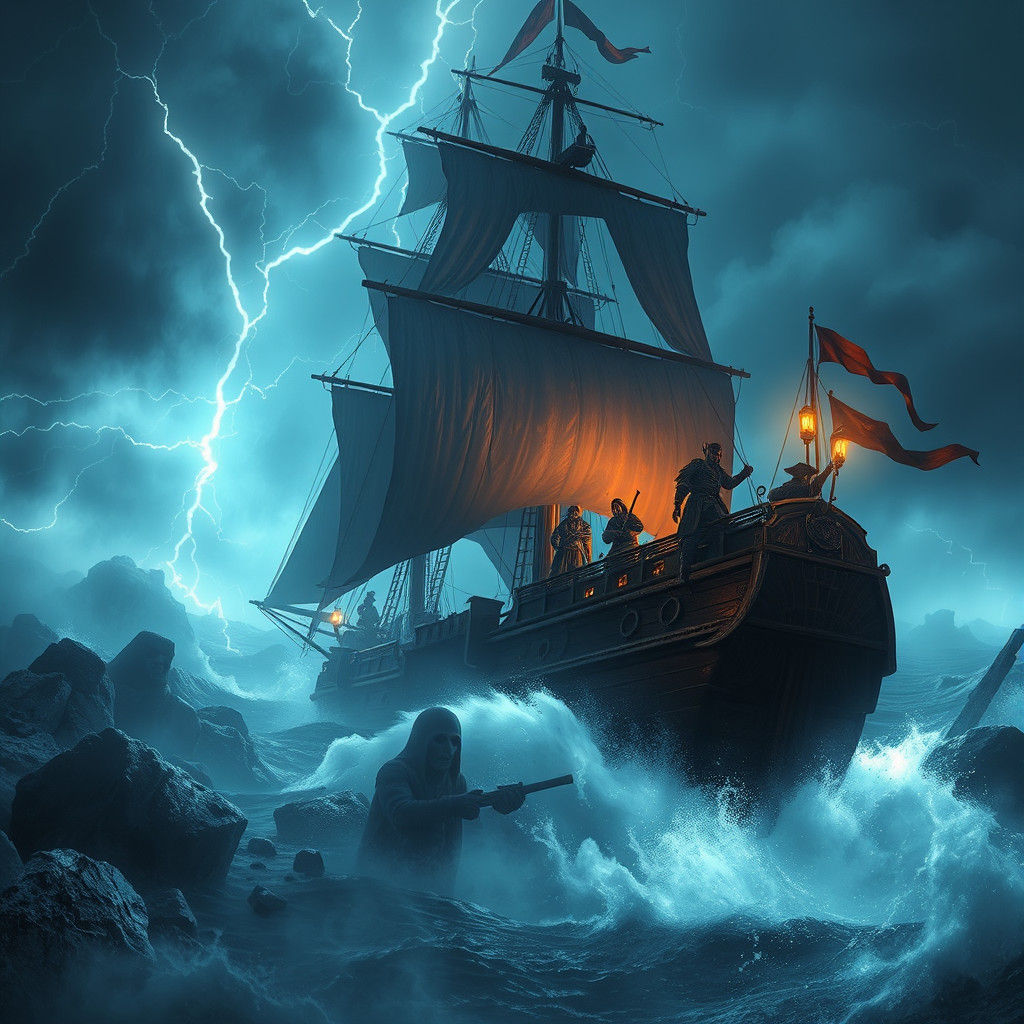 Epic Stormy Pirate Ship Scene in Maximalist Digital Art