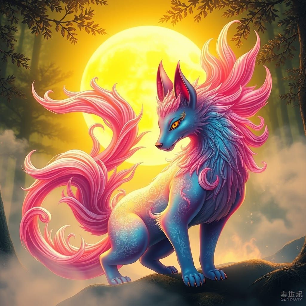 Majestic Kitsune Under Golden Yellow Moonlight