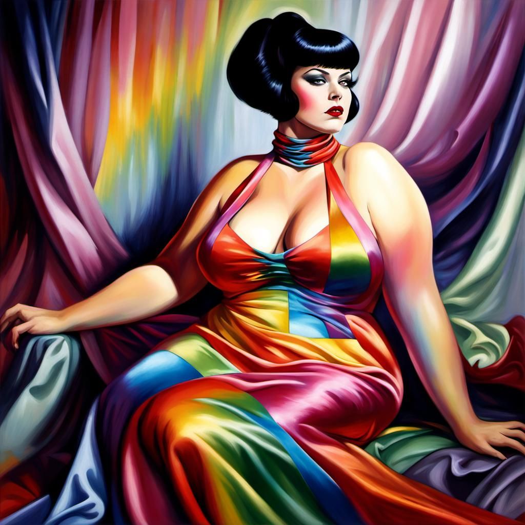 Vampirella. Queen of The Nighties. Modest Big Beautiful Woman BBW Women wearing Rainbow Satin headscarf, High neck Modes...