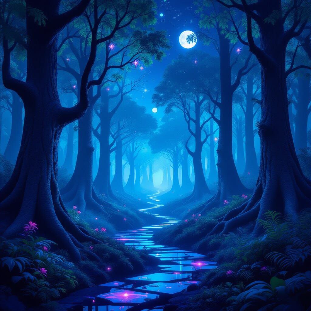 Surreal 4D Forest at Night