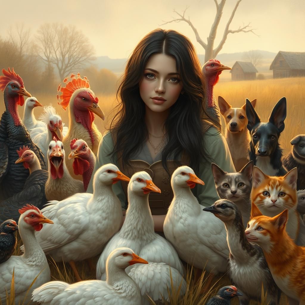 Woman Surrounded by Animals in Naturalistic Style