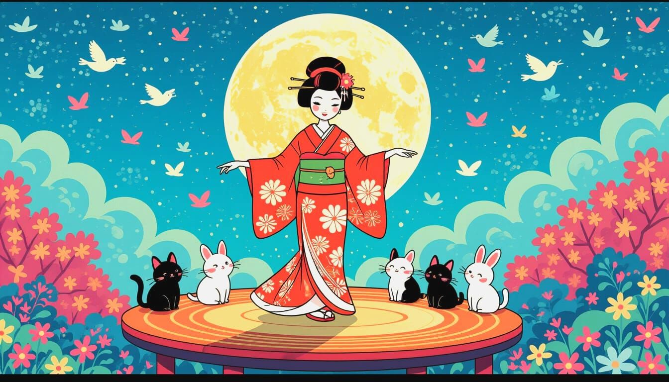 Geisha Moon Dance in Miyazaki Cartoon Style