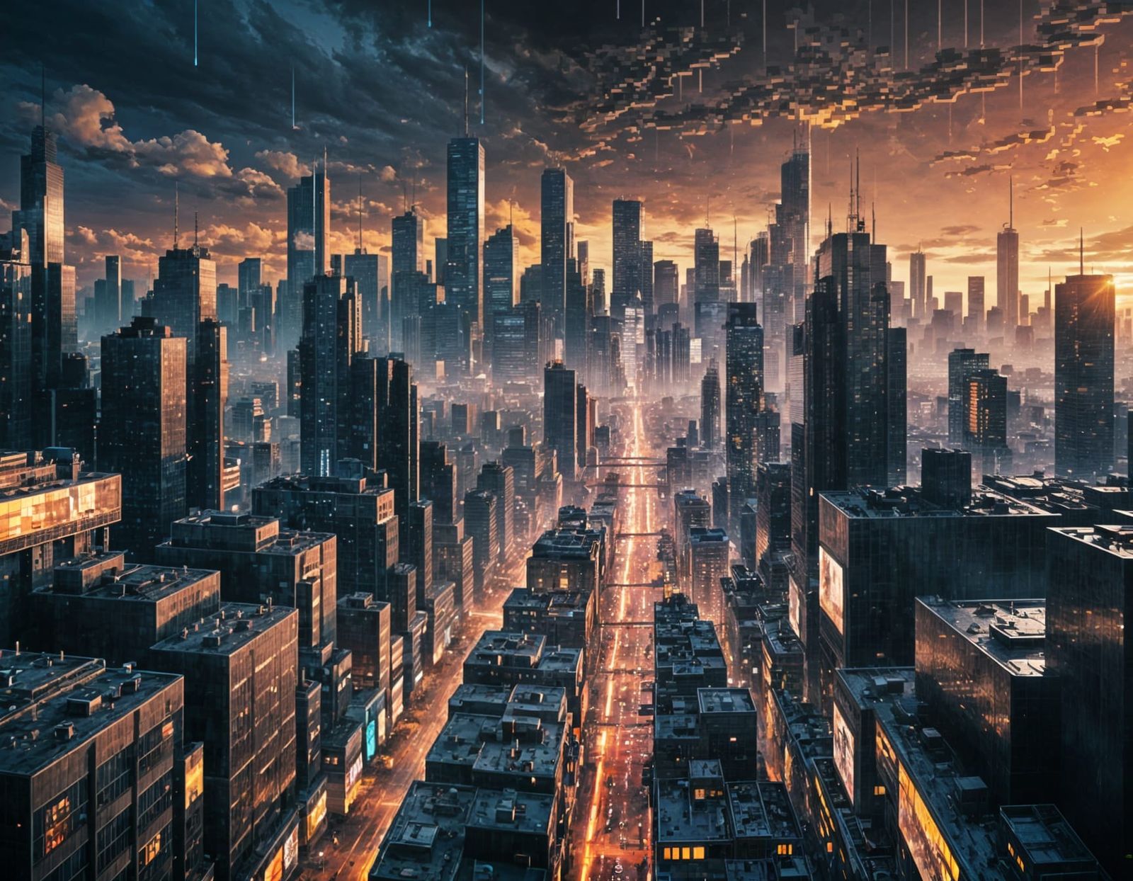 Cyberpunk Cityscape with Glitch Effect in 8K