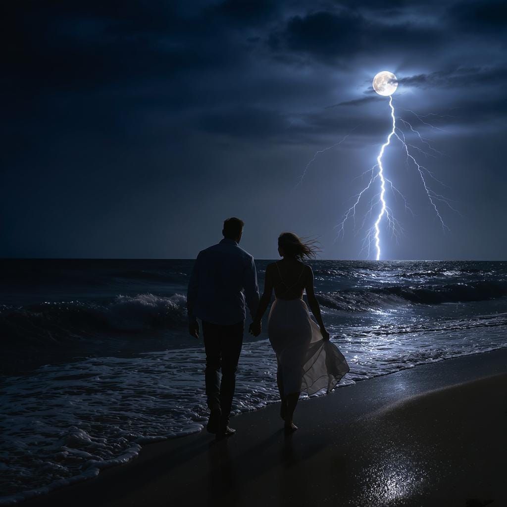 Moonlit Beach Walk in Hyperrealistic Style