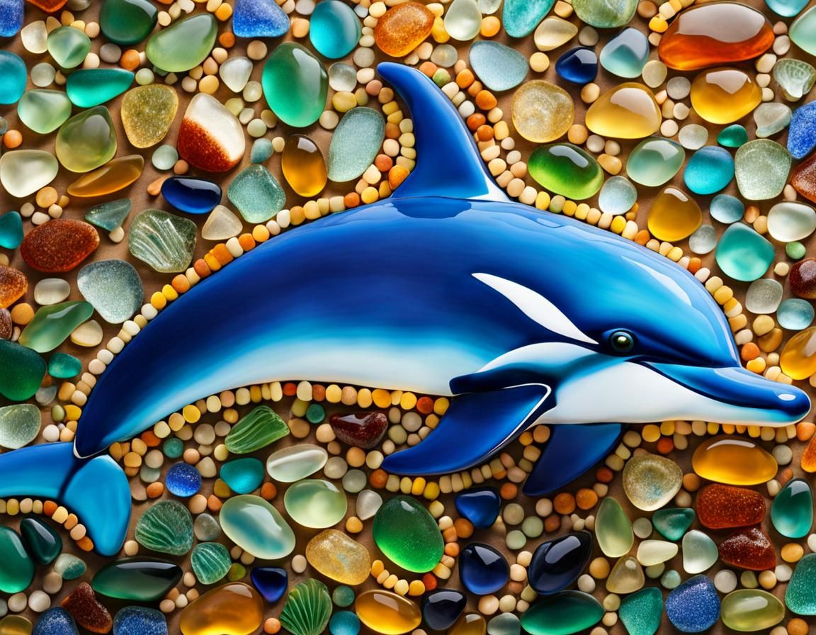 Seaglass Mosaic of a Dolphin: Elegant Marine Art