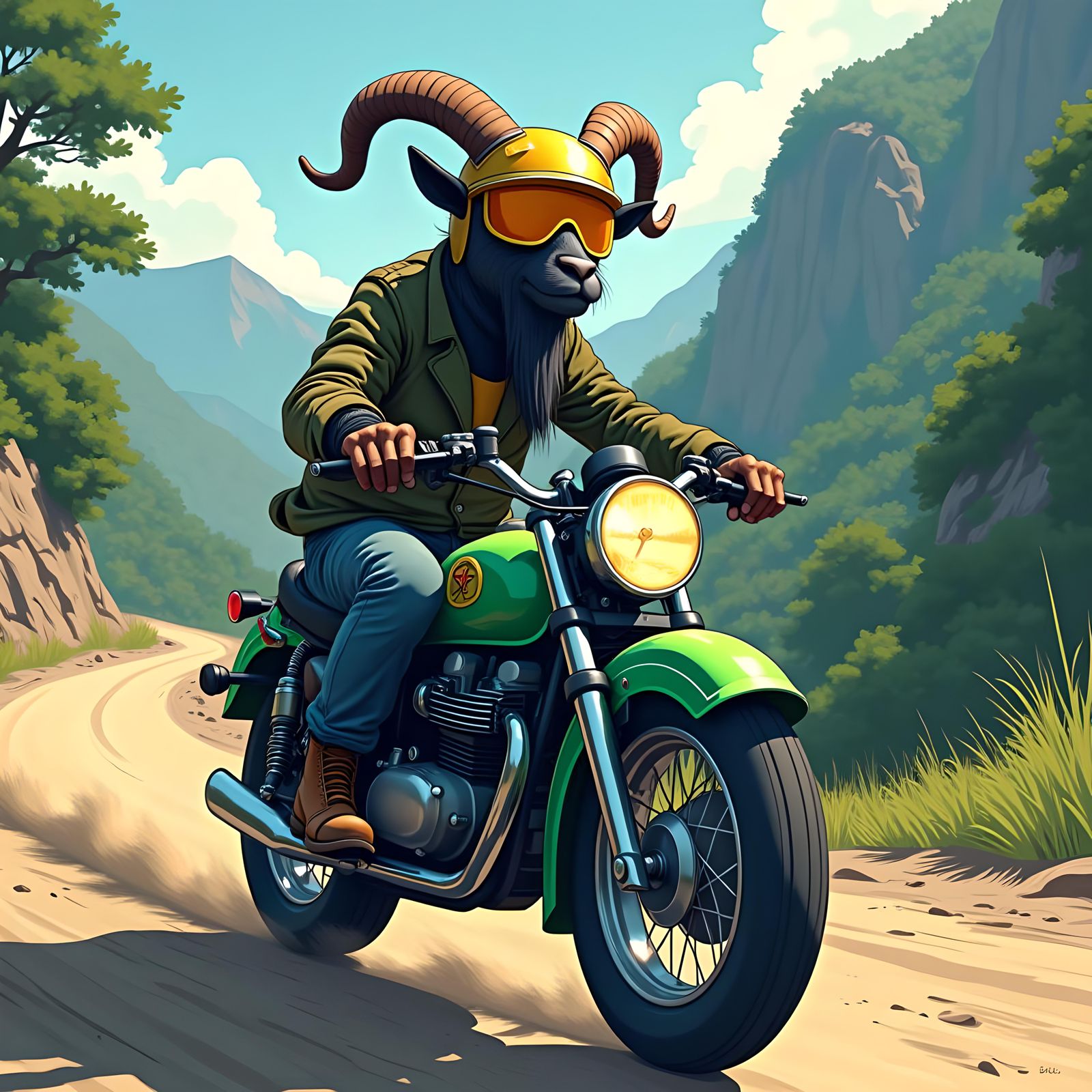 Goat on Motorcycle in Anime Style