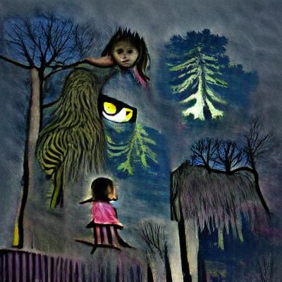 Eerie Night Creature Watching Girl in Forest
