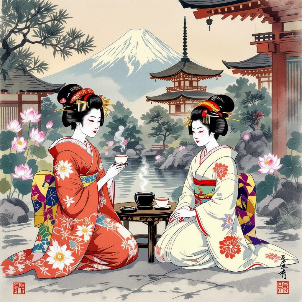 Geishas in Garden Tea Ceremony: Hokusai Style