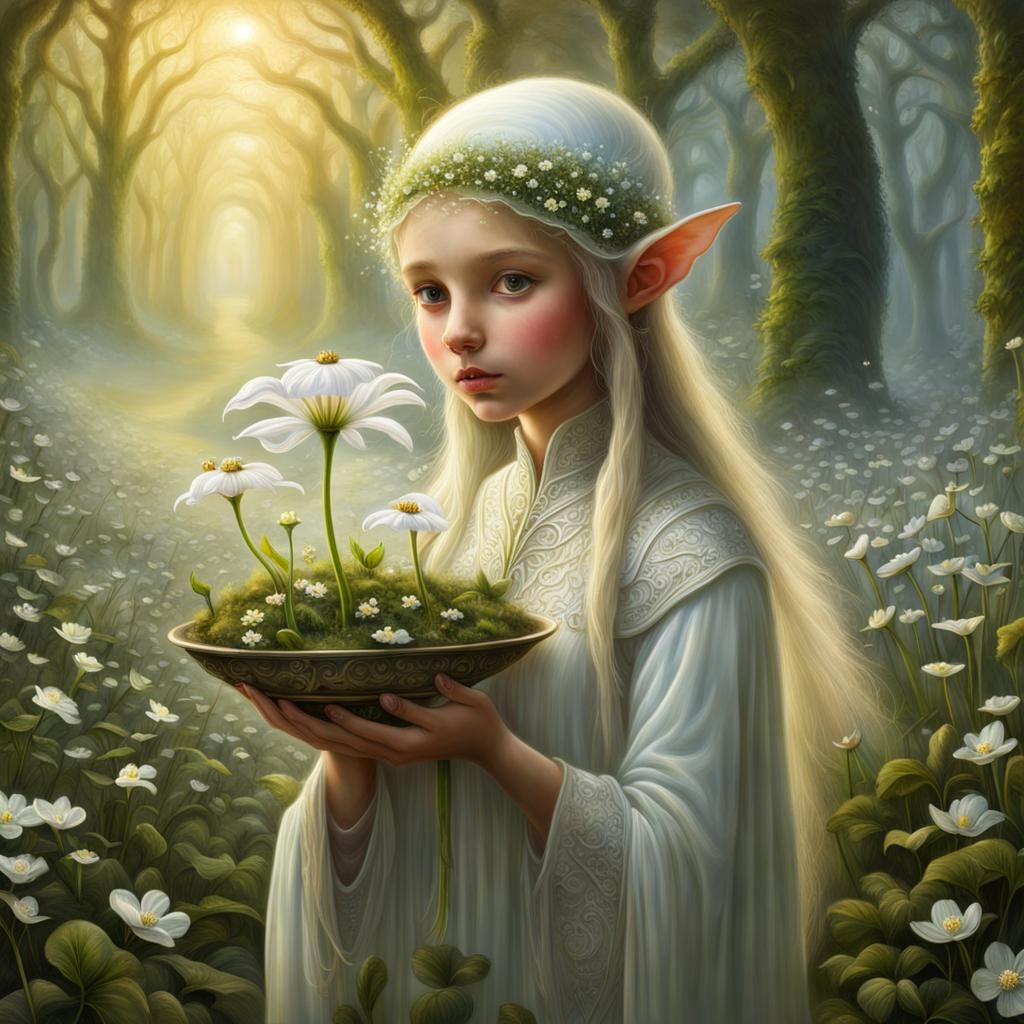 Magical Flower Elf with White Parnassia Blossom