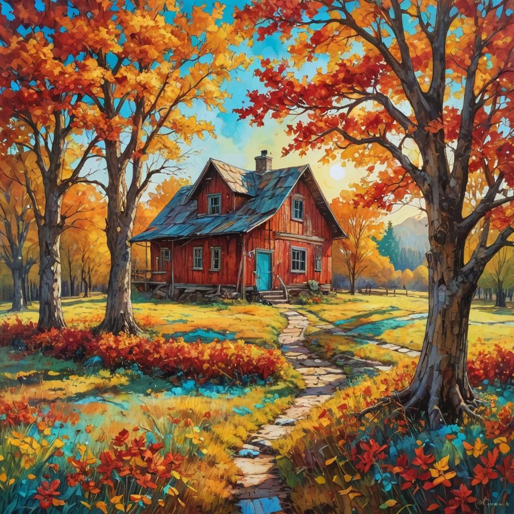 Sunlit Rustic Farmhouse in Expressionist Style