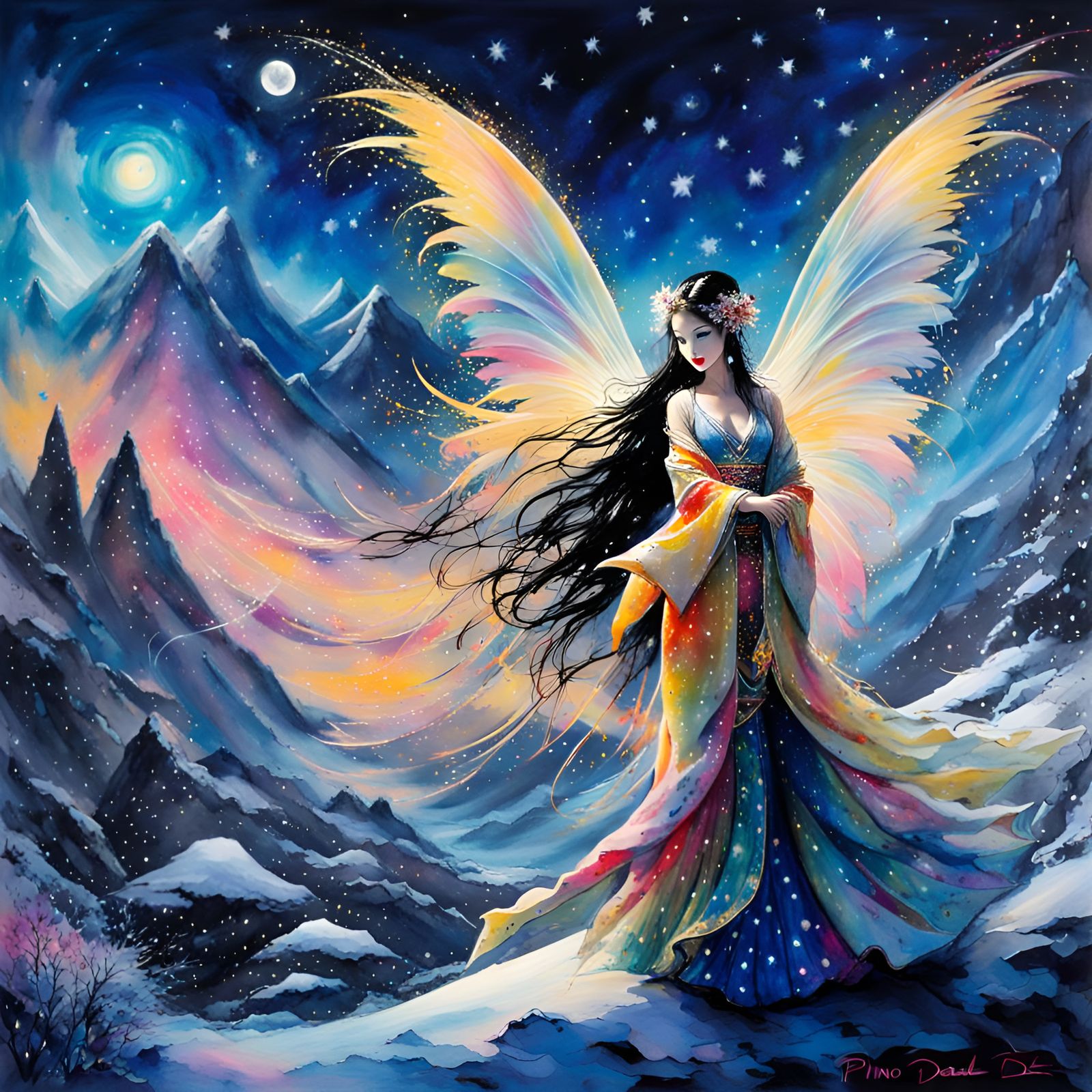 Whimsical asian Faerie of the night, beautiful wings, long skirt, shimmering, pearlescent, snowy mountains, starry starr...