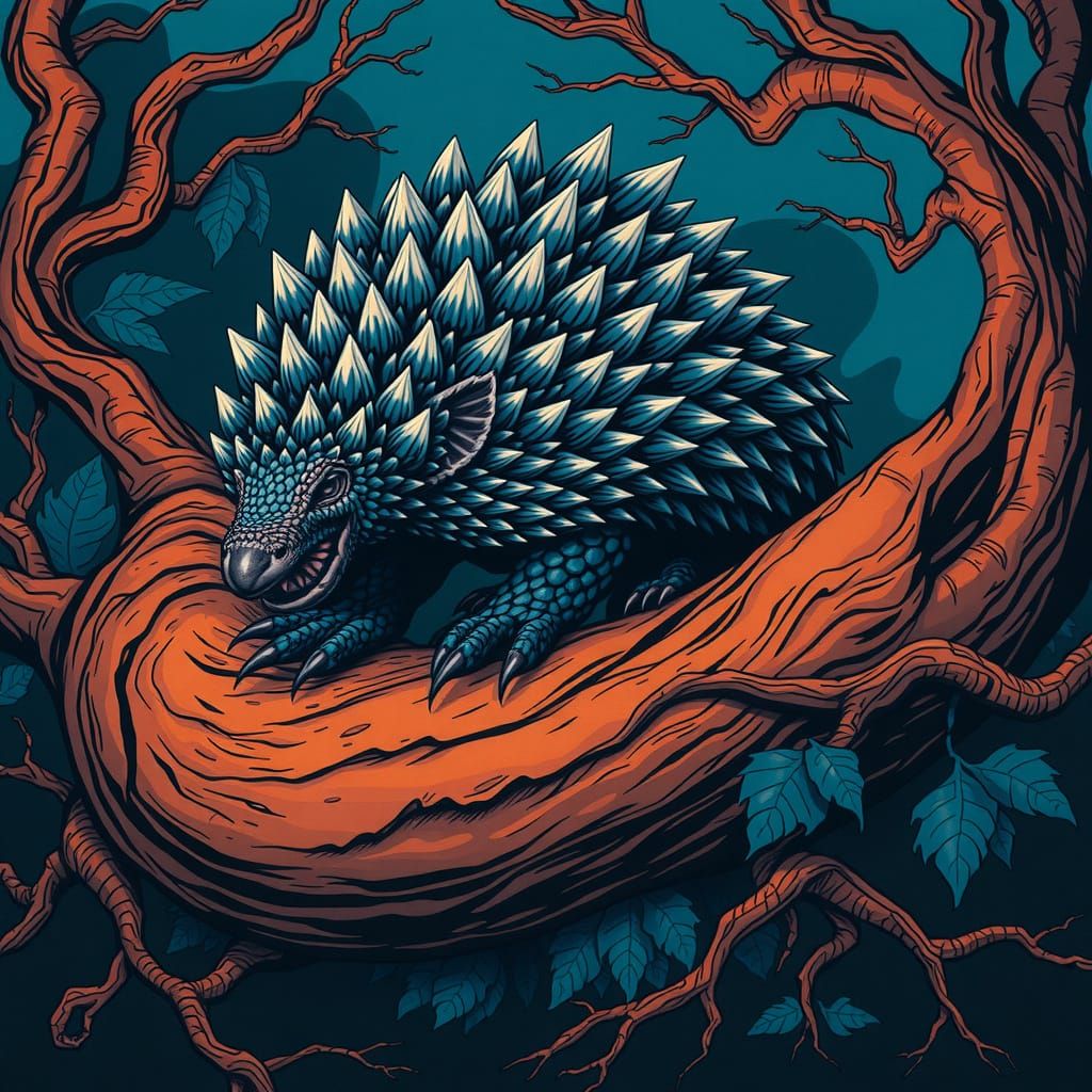Surreal, Realistic Pangolin in Ultramarine, Sienna, and Fuch...