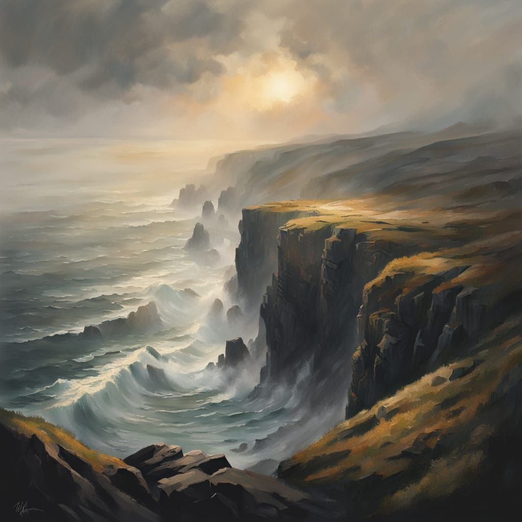 Moody Seascape Painting with Golden Hour Lighting