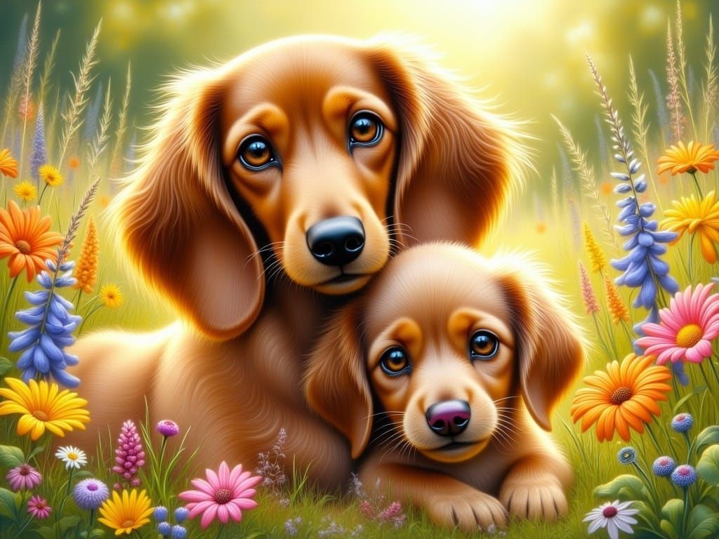 Dachshund Mother and Puppy in Impressionist Style