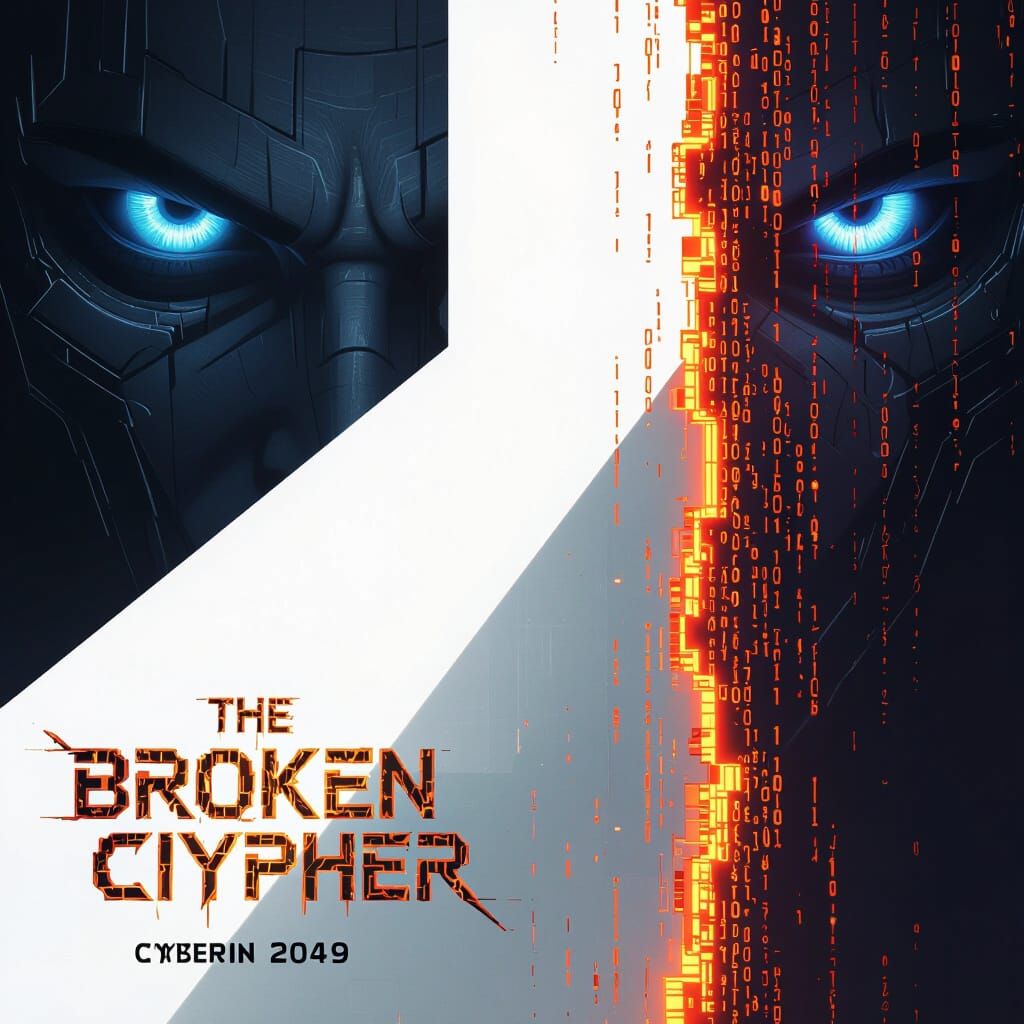 Cyberpunk Book Back Cover with Glitching Code and Neon Eyes