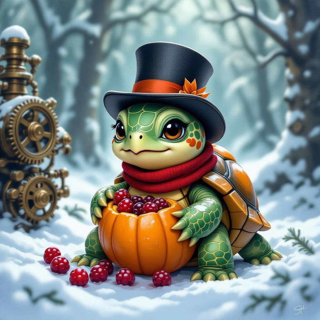 Whimsical Turtle-Pumpkin Hybrid Enjoys Berries in Snowy Fore...