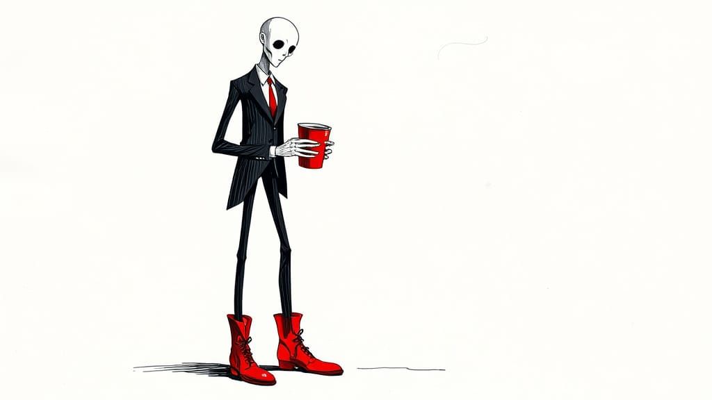 Slender Man in Suit with Red Cup, Dark Whimsy Style