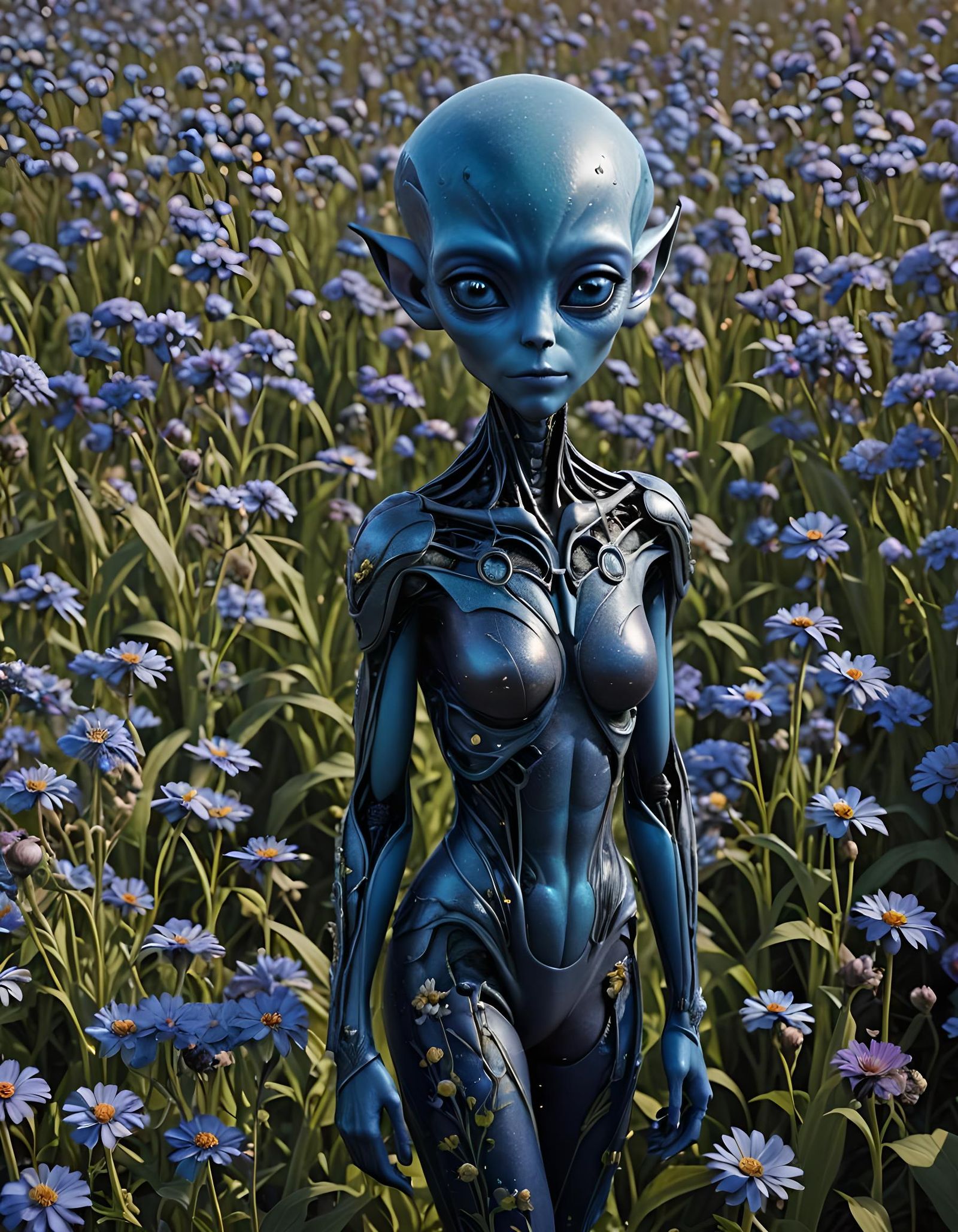 Beautiful Blue Alien in a Flower Field