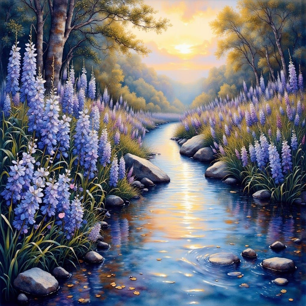 Blue Violet Blooms by Stream in Golden Hour Light
