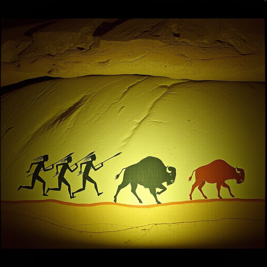 Cave Painting of Bison Hunt in Cinematic Film Style