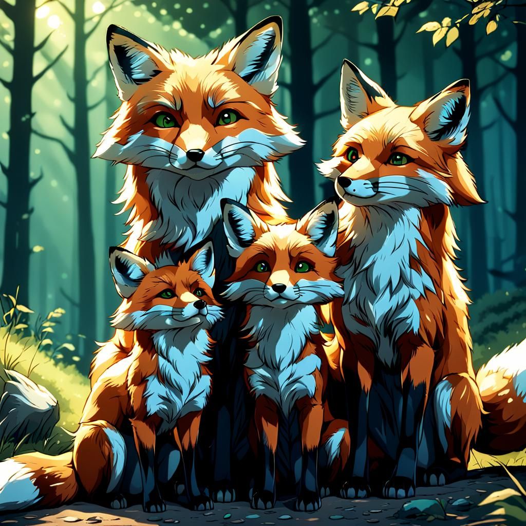 Fox Family in Cel-Shaded Anime Style