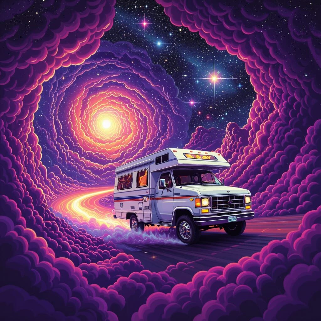 Psychedelic Galaxy Camper Van in Retro-Futuristic Style