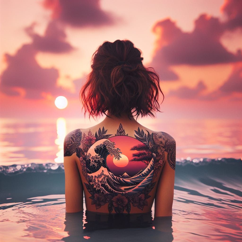 Woman with Ocean Tattoo Gazing at Sunset