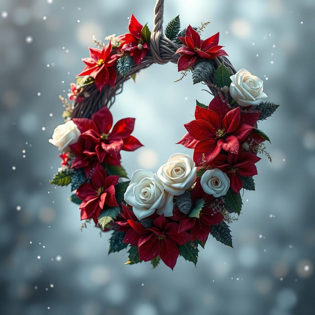 Intricate Christmas Wreath with Poinsettia and Roses