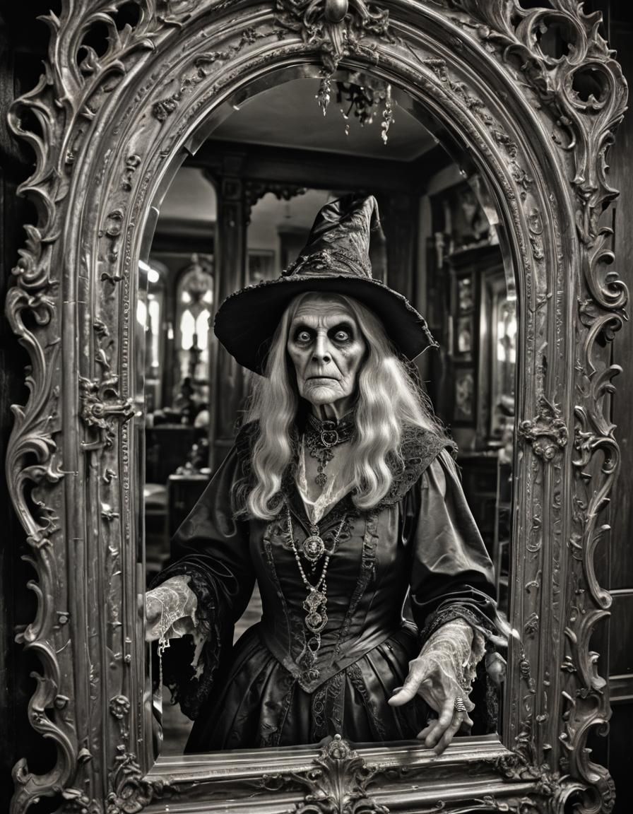 Ghostly Witch Beckons from Antique Mirror