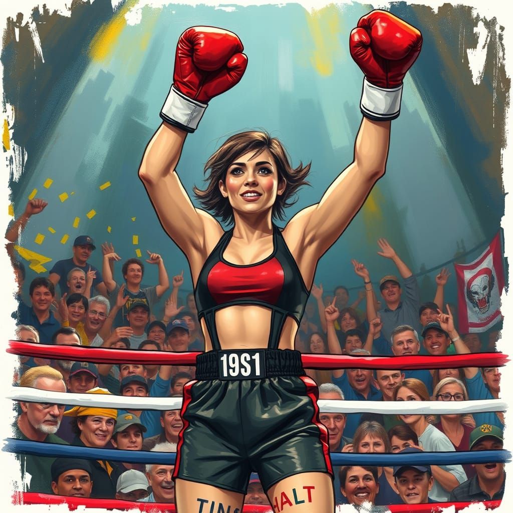 A female boxer triumphs in the ring, her arms raised in victory amid a cheering crowd.
