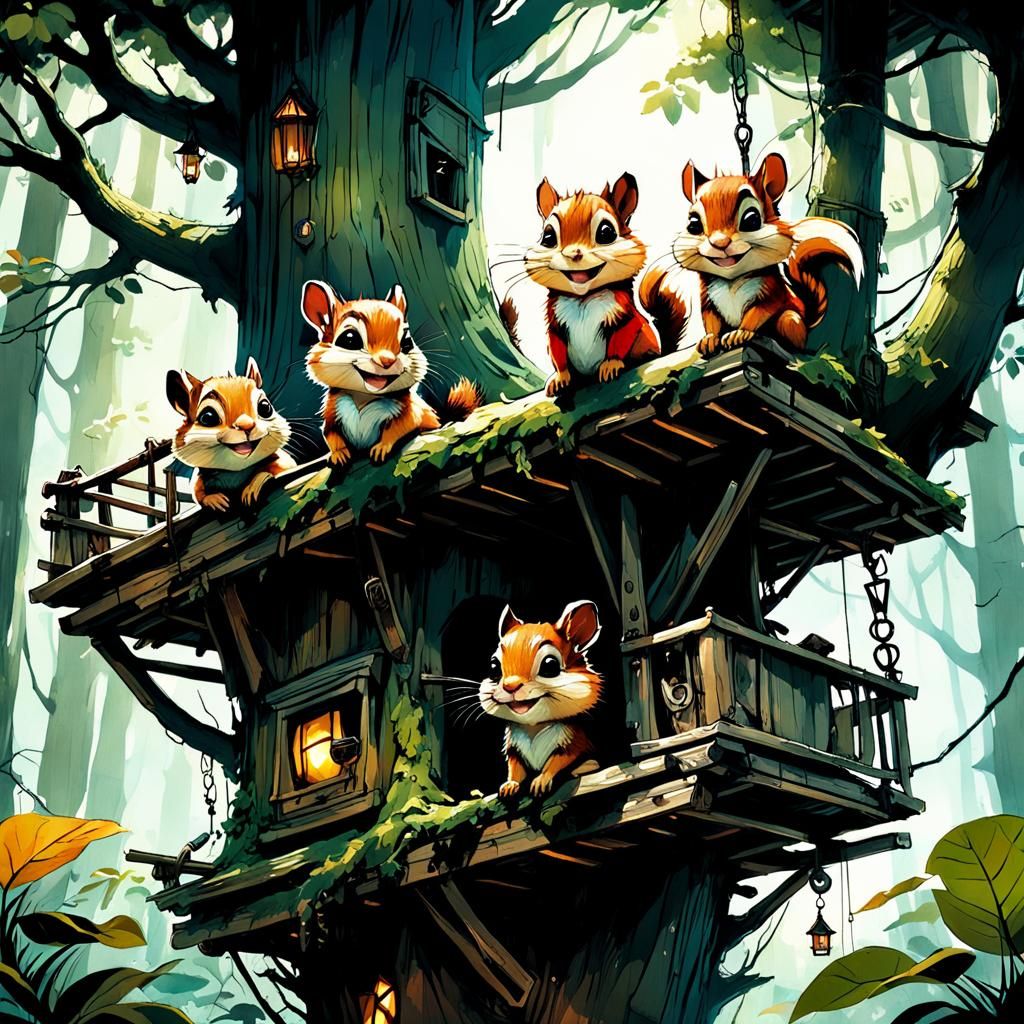 Chibi Chipmunks Relaxing in Watercolor Treehouse