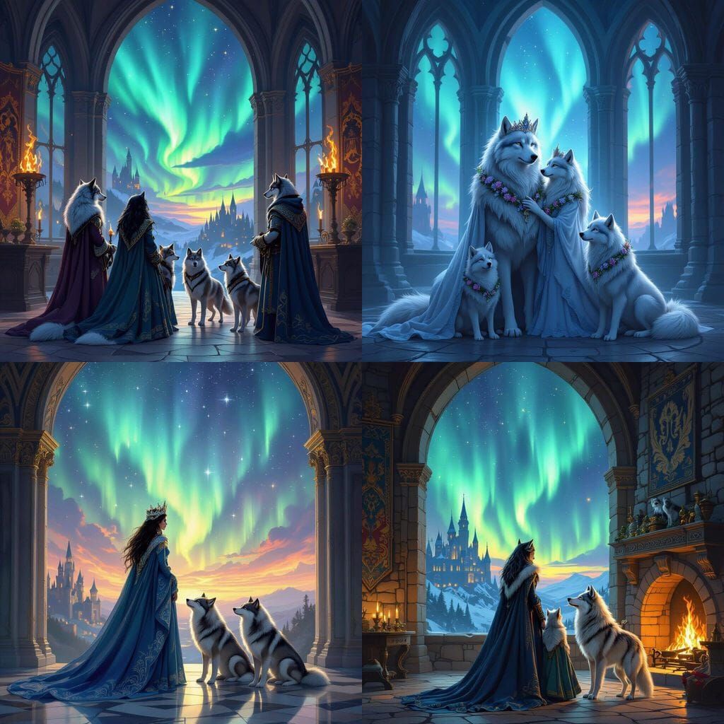 Wolf Princess Family in Castle Under Northern Lights