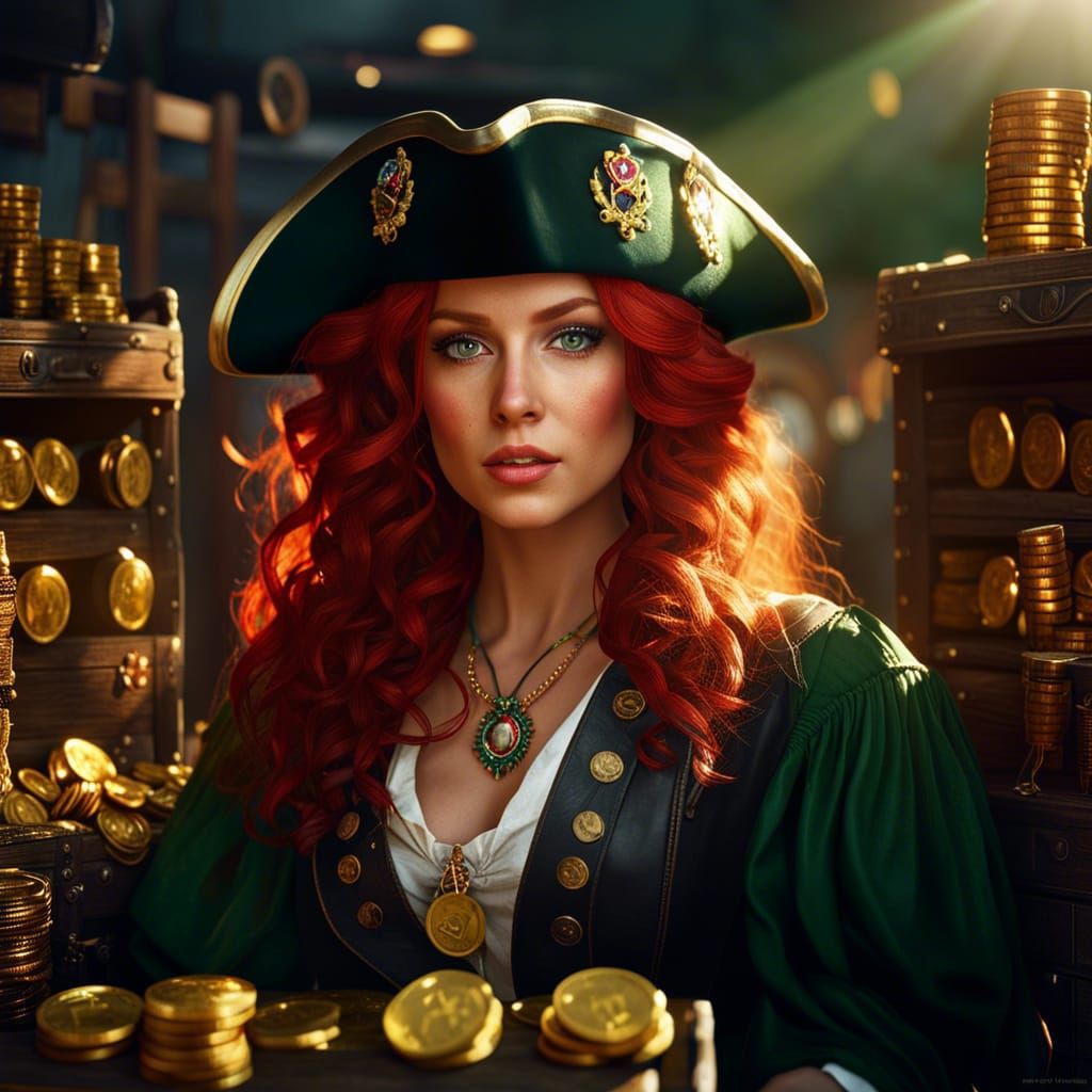 Pirate Girl with Treasure Chest in Photorealistic Style