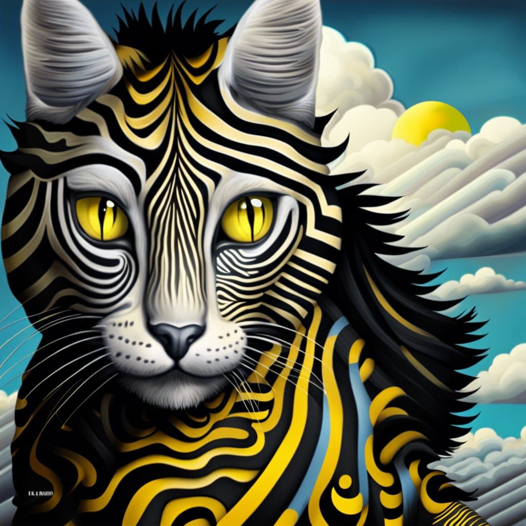 Zebra Striped Cat with Yellow Eyes in Pop Surrealism
