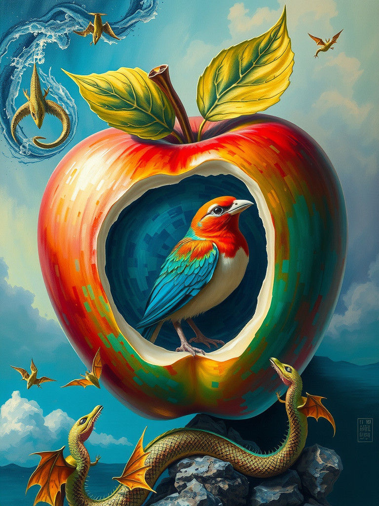 Bird Emerges from Apple with Miniature Dragons