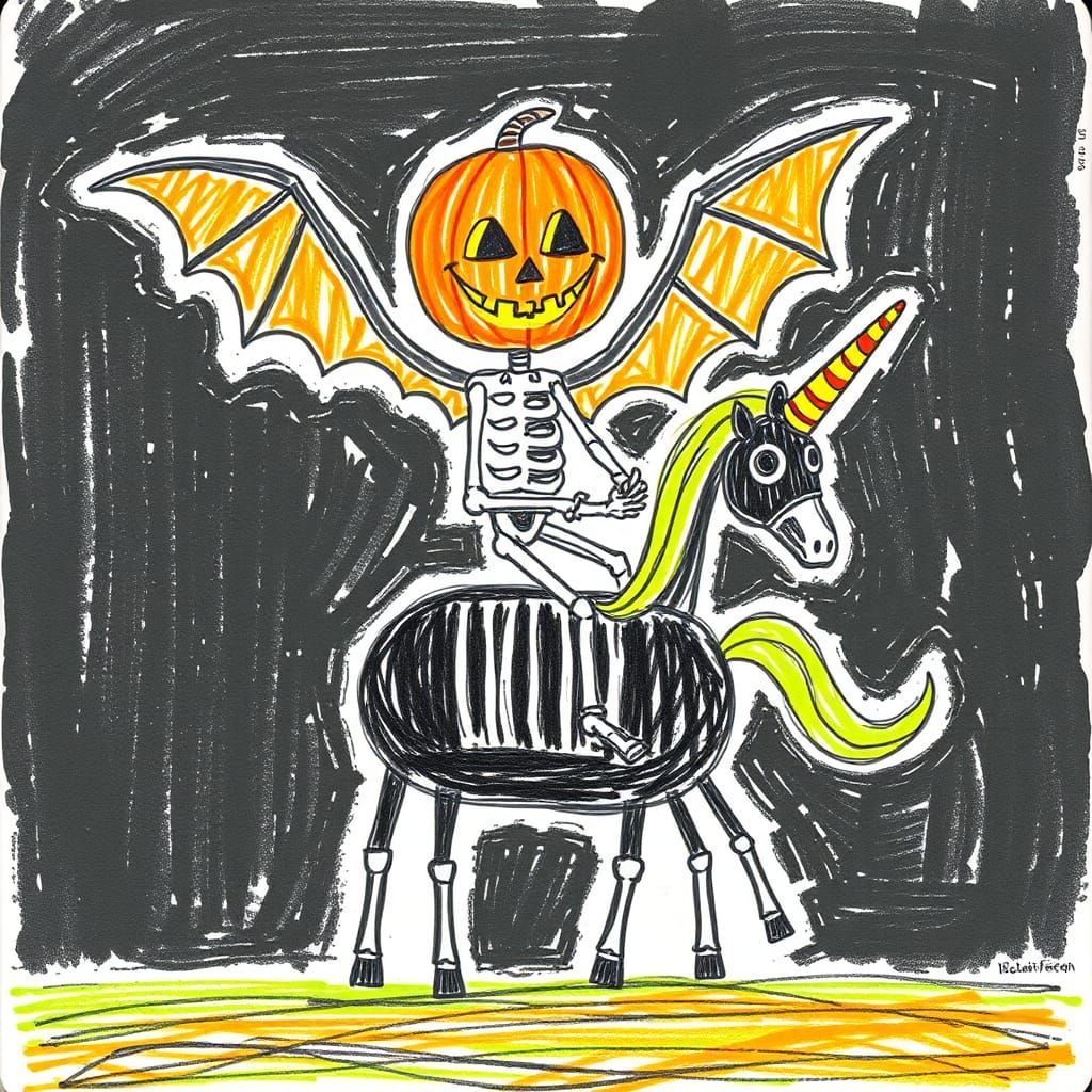 Bat-Winged Jack O'Lantern Skeleton on Unicorn: Crayon Drawin...