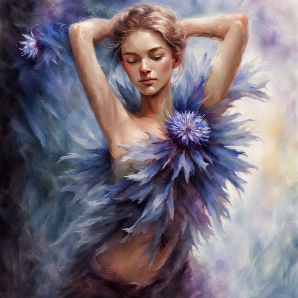 Impressionist Cornflower in a Summer Field