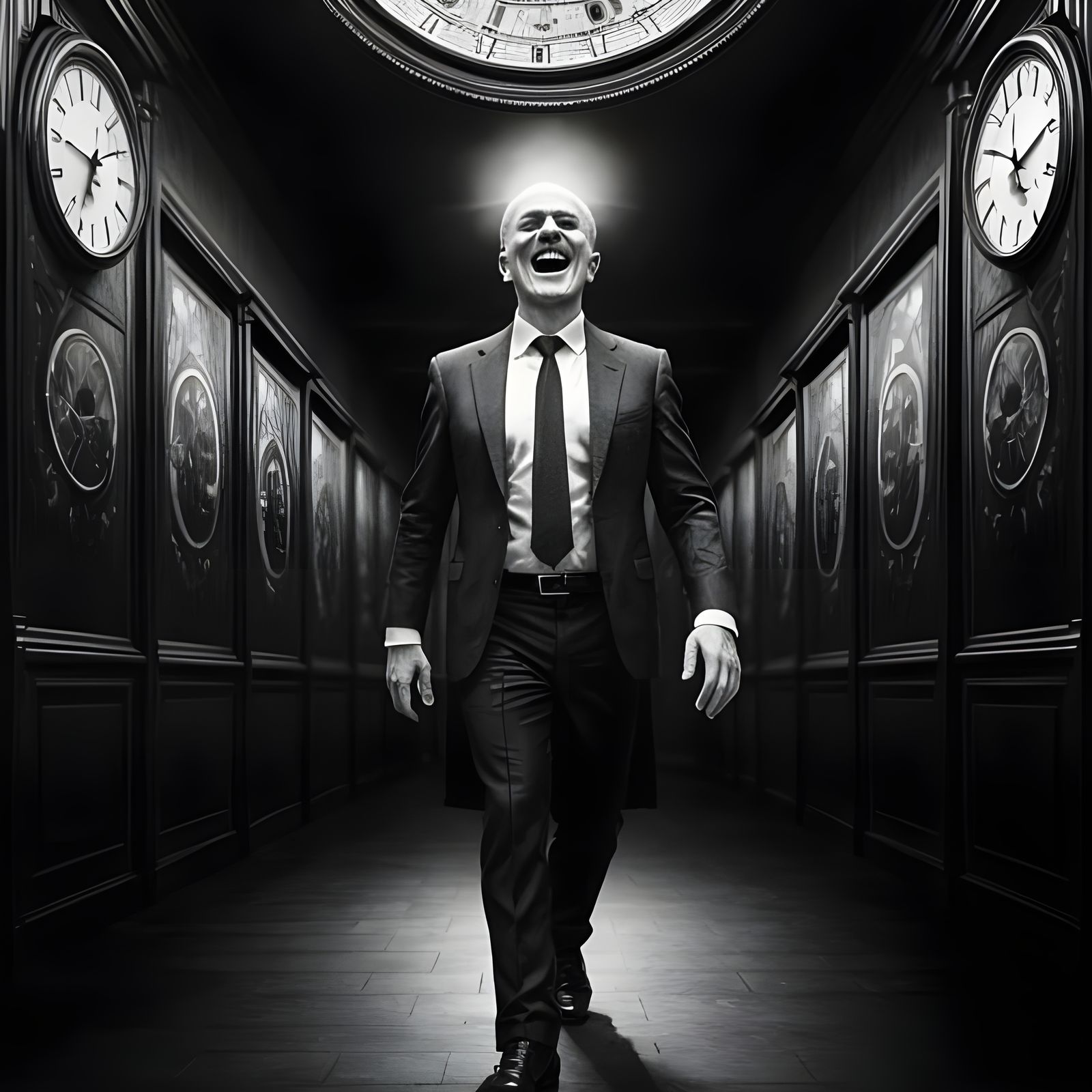 Man Confronted by Clocks in a Dark Surreal Cartoon Nightmare