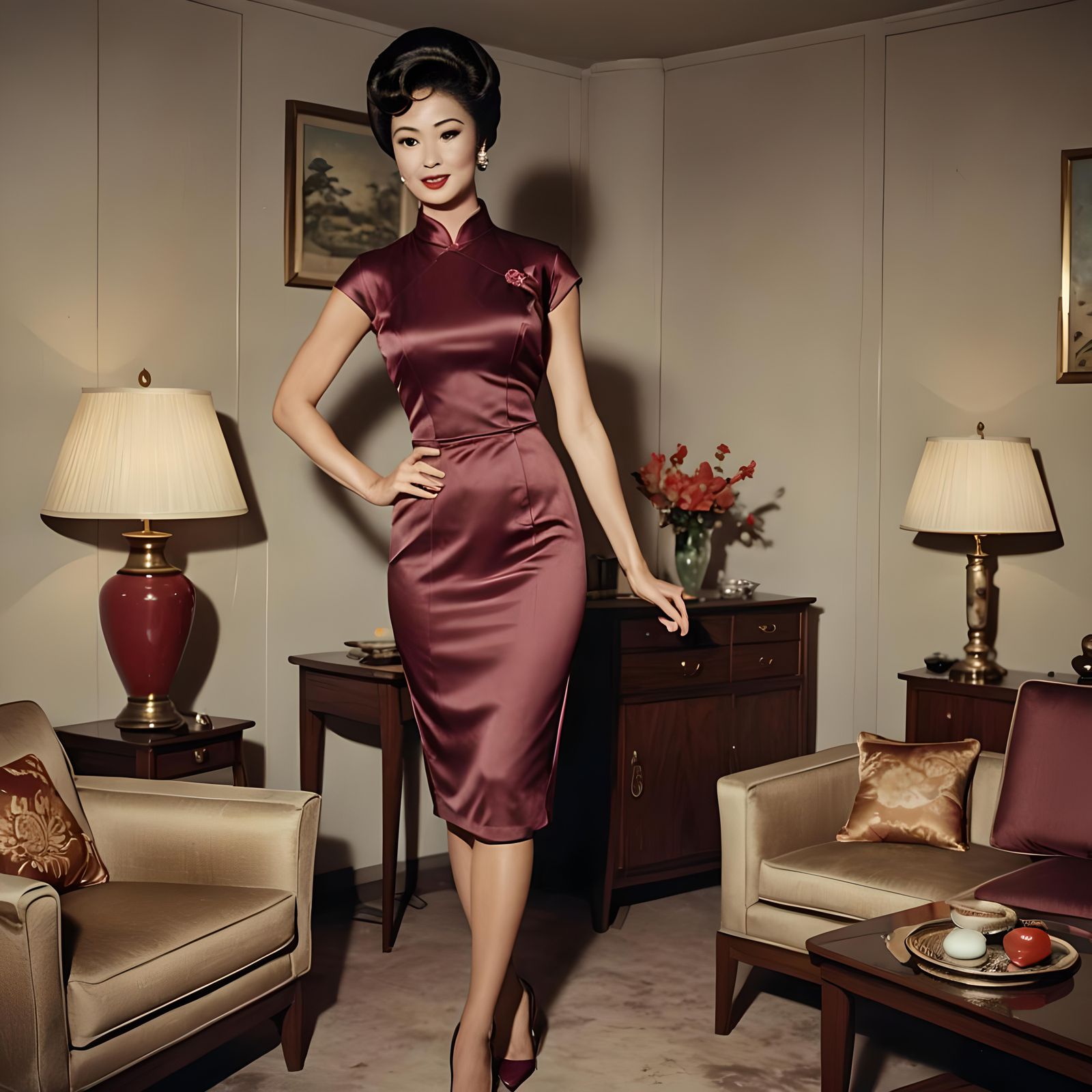 1960s Woman in Burgundy Qipao, Photorealistic Image