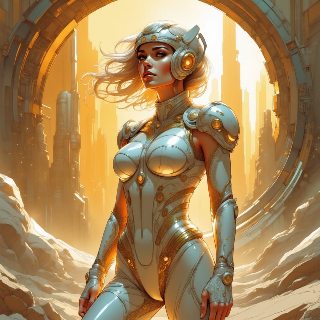 A Futuristic Female Pilot in a Martian Lost City