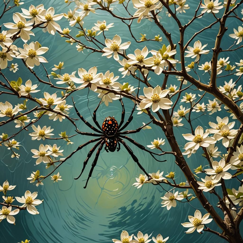 Spider on Dogwood Tree in Abstract Art