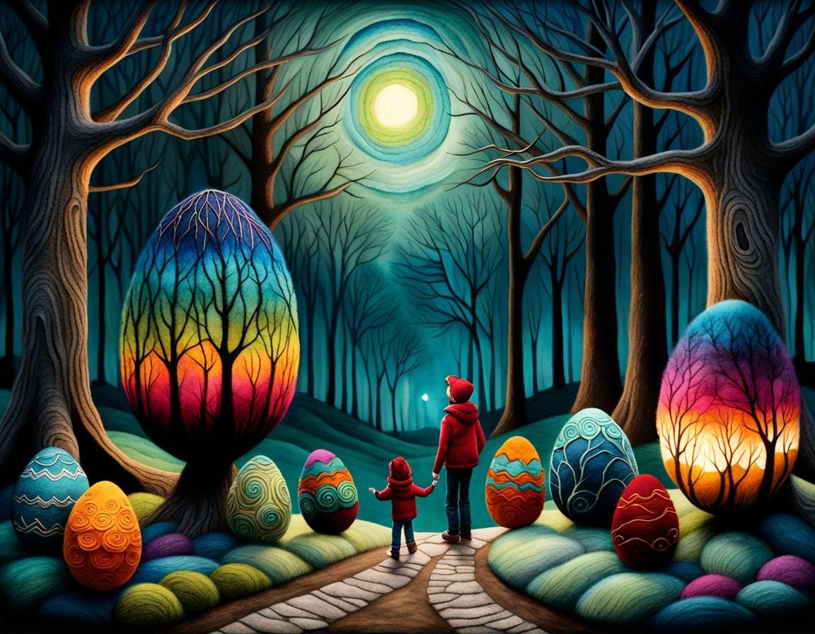 Children Find Easter Eggs: Felted Wool Art