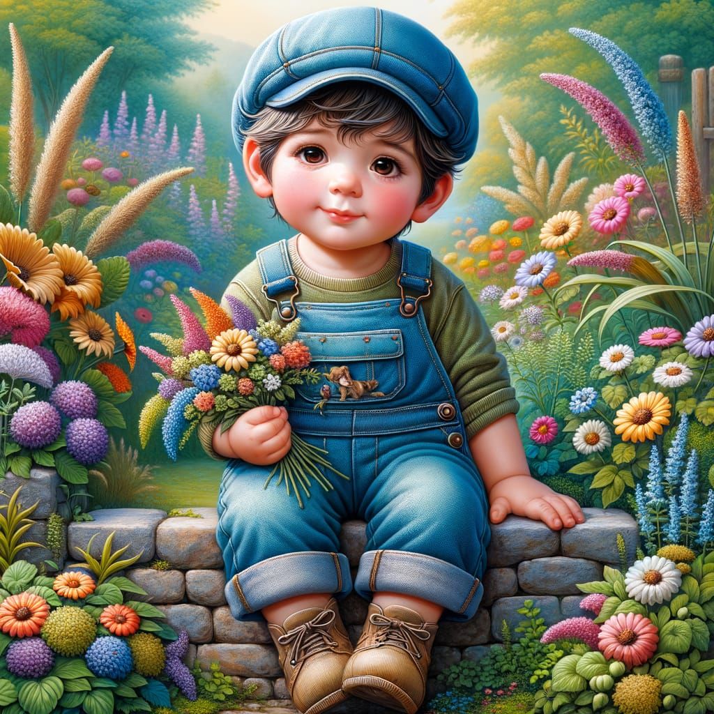 Little Boy Surrounded by Vibrant Wildflowers in a Colorful G...