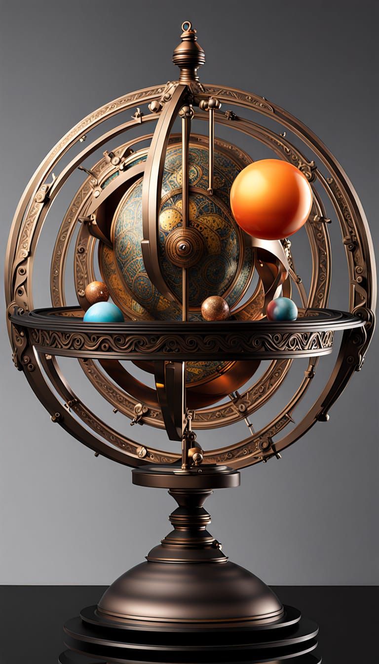 Luxurious Bronze Orrery with Vibrant Planets in Art Deco Sty...