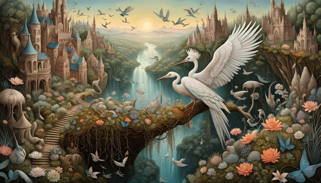 Surreal Floating City in Hieronymus Bosch Style