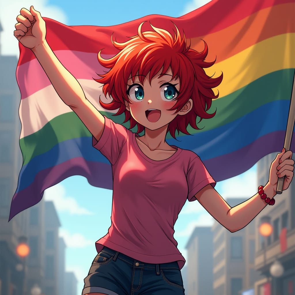 The character Ranma from Ranma 1/2 waving a trans pride flag...
