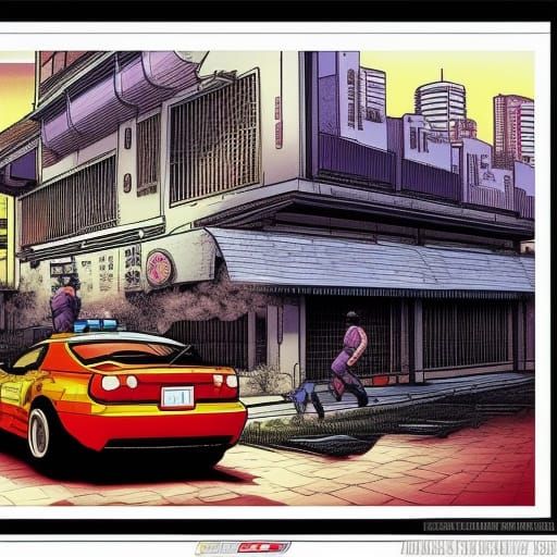 Japanese Street Scene with Supra in Comic Book Style