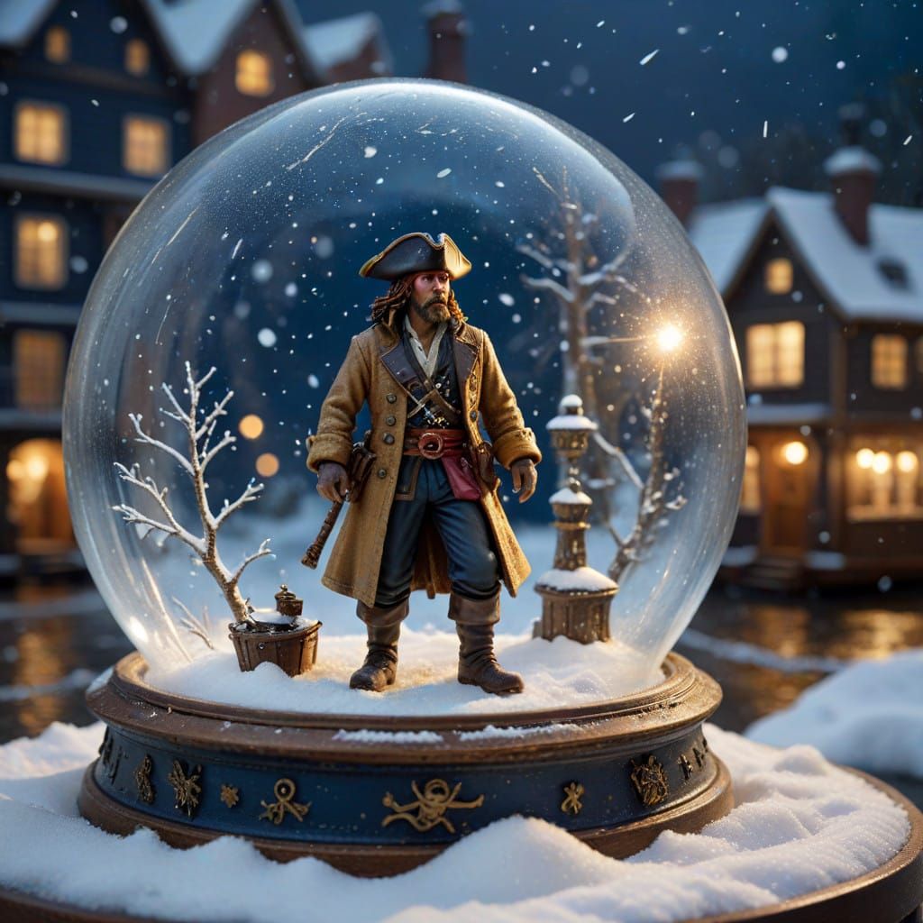 Pirate in Snow Globe Scientists' Boat at Night